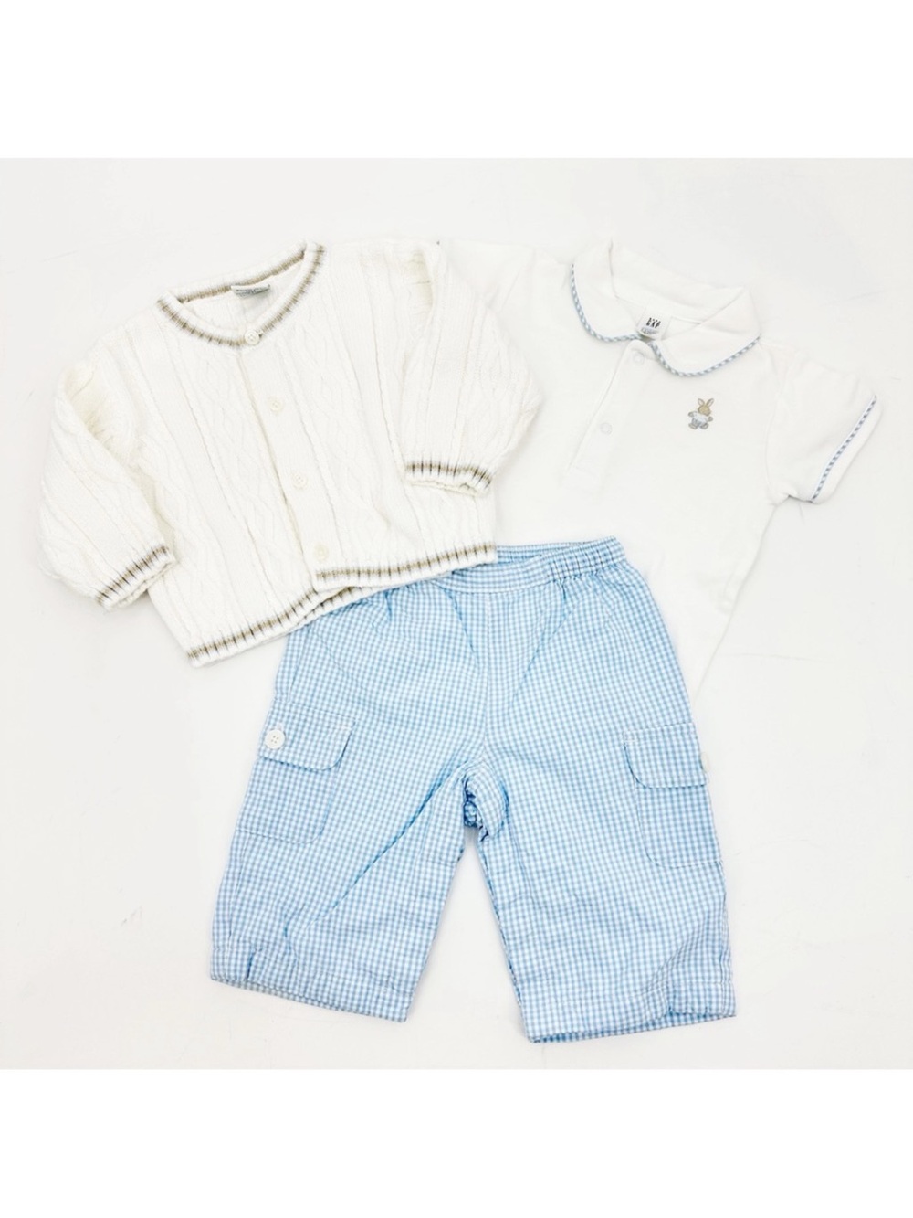 Baby Gap & Gymboree 3–6M Set Bunny Bodysuit, Gingham Pants & Cable Knit Cardigan